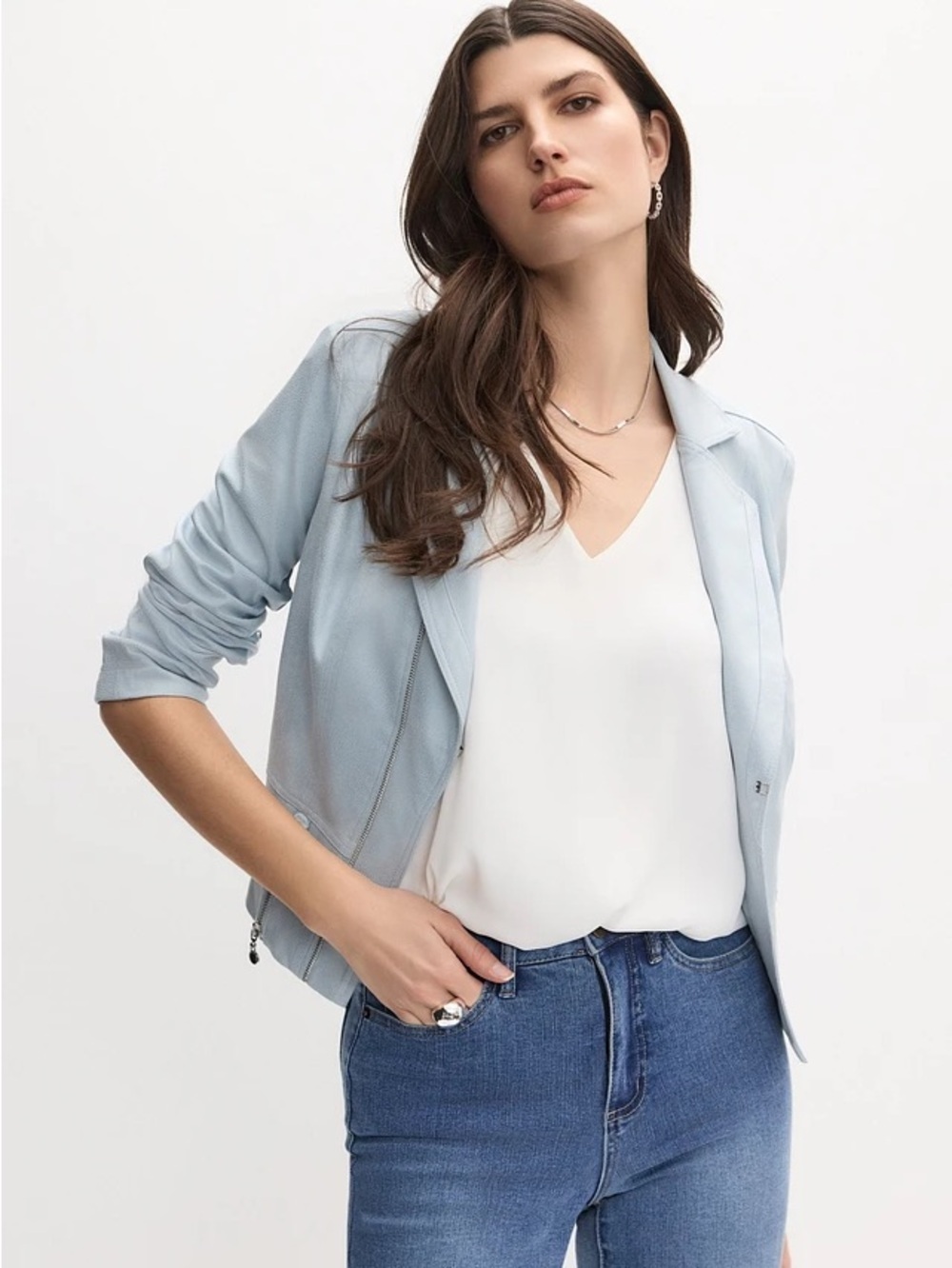 Melanie Lyne Vex Light Blue Blazer Jacket - Sleek Moto-Inspired Layer